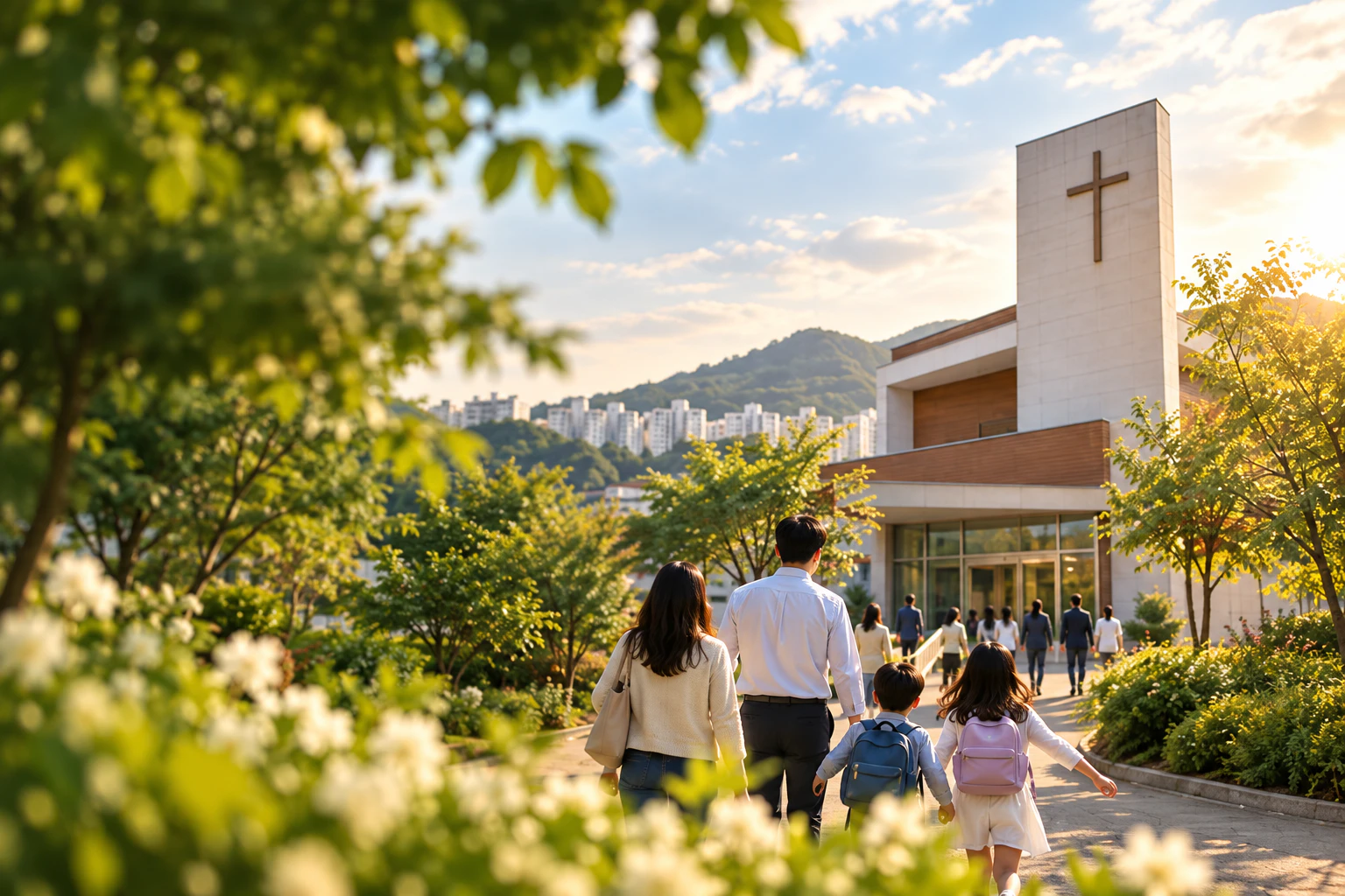 파주꽃동산교회로 향하는 가족과 사람들